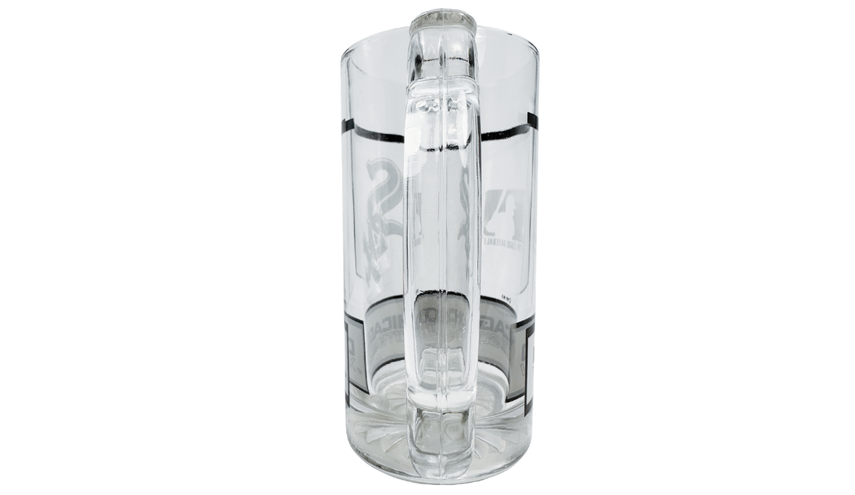Vintage Chicago White Sox Beer Mug handle view showing large clear glass handle, black team graphics and patterned glass base.