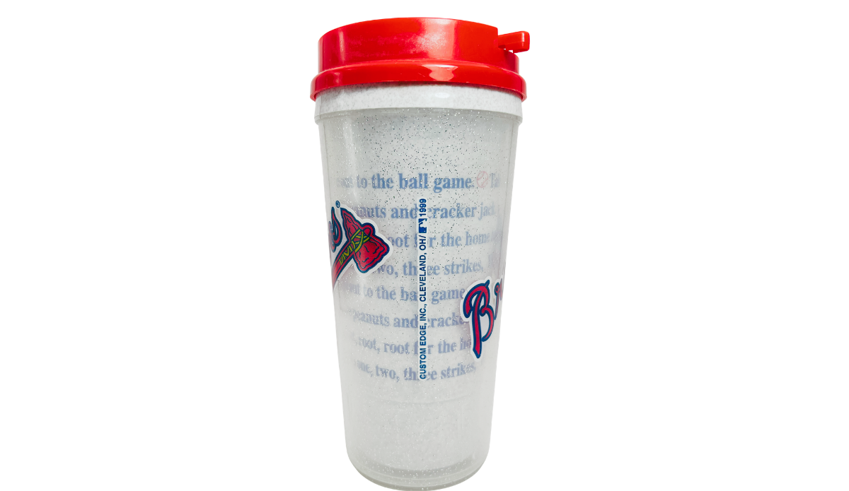 Atlanta Braves Baseball Lyrics Tumbler right side view featuring Custom Edge Cleveland Ohio imprint, 1999 marking and red lid.