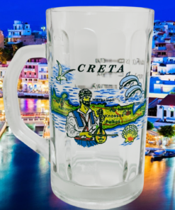 Crete Greece Beer Mug lifestyle scene against colorful Cretan waterfront with boats and illuminated buildings