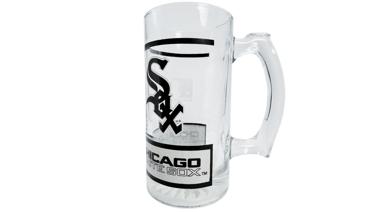 Vintage Chicago White Sox Beer Mug back view displaying large Old English Sox logo, black Chicago White Sox banner and clear glass handle.