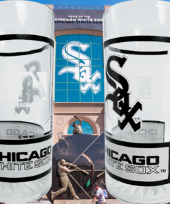 Vintage Chicago White Sox Beer Mug lifestyle scene showing both team designs against the Chicago White Sox ballpark entrance.