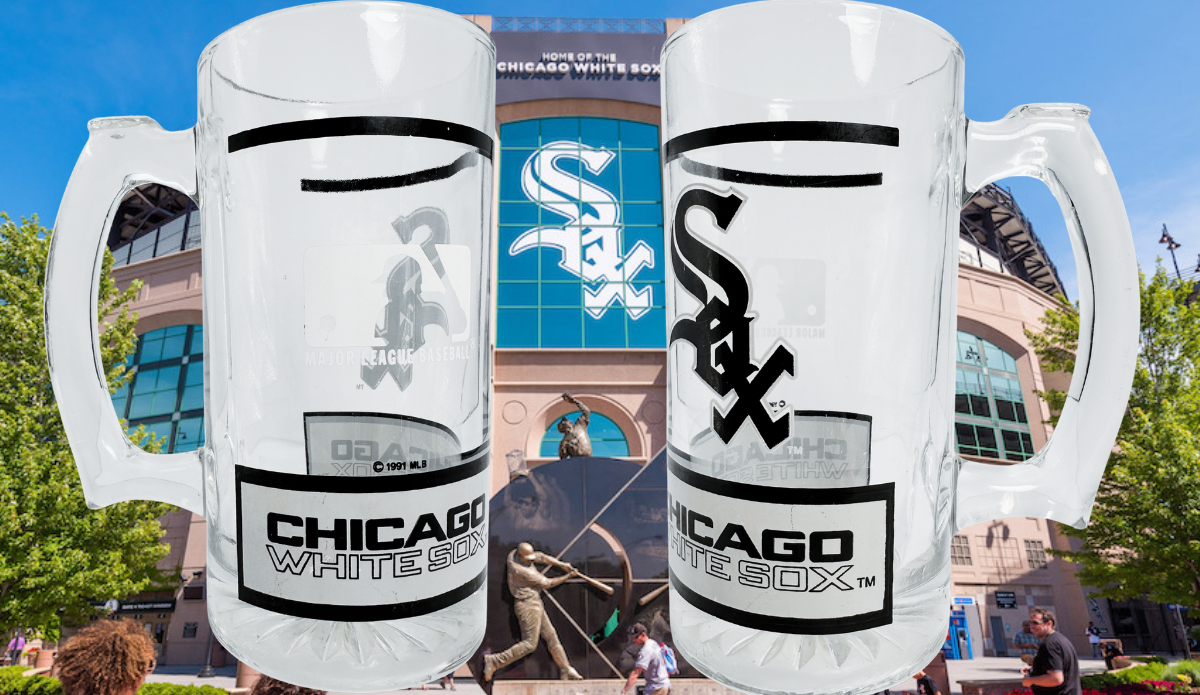 Vintage Chicago White Sox Beer Mug lifestyle scene showing both team designs against the Chicago White Sox ballpark entrance.