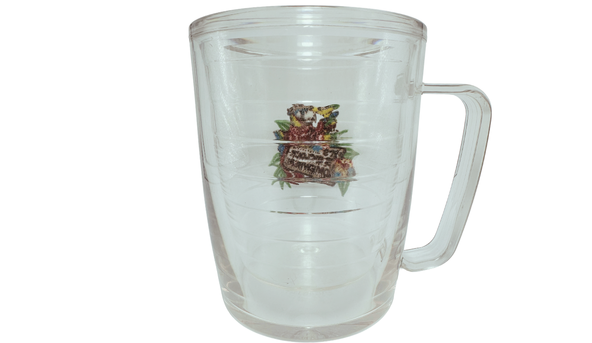 Back view of Tervis Margaritaville Red Parrot Mug showing the tropical parrot artwork through the clear insulated body, with the handle on the right.