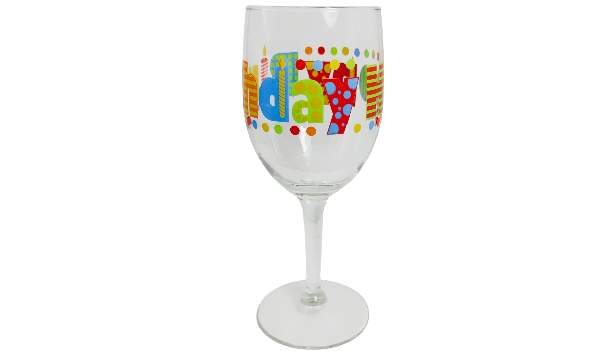 Happy Birthday Colorful Lettering Wine Glass showing the ending letters of Birthday with blue, red, yellow, and green decorations.