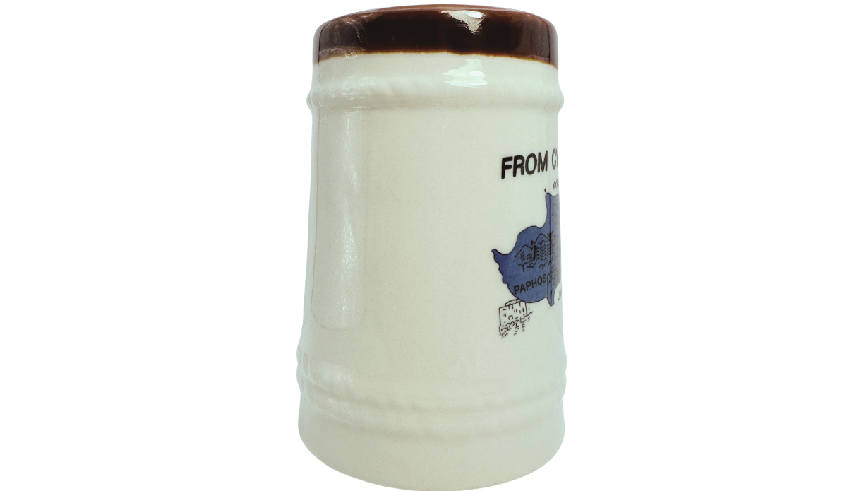 Cyprus Souvenir Beer Stein middle view showing partial blue Cyprus map artwork