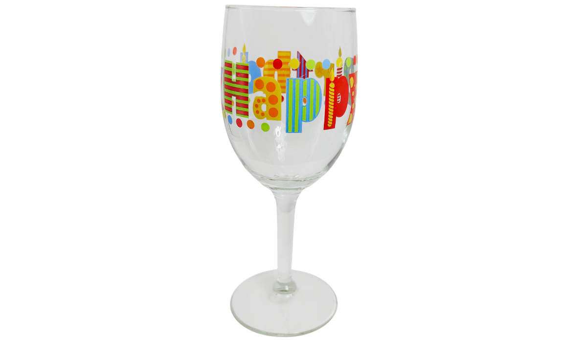 Happy Birthday Colorful Lettering Wine Glass showing a green and red striped H, orange dotted A, and blue-green patterned P.