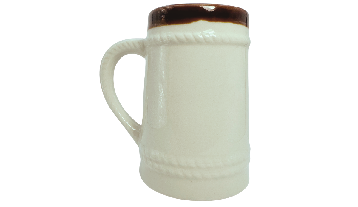 Cyprus Souvenir Beer Stein back view with cream ceramic surface and curved handle