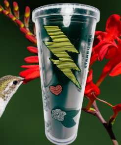 Starbucks Love Rose Tumbler displayed with hummingbird and bright red flowers
