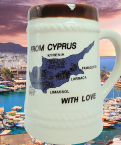 Cyprus Souvenir Beer Stein displayed against scenic Cyprus harbor at sunset
