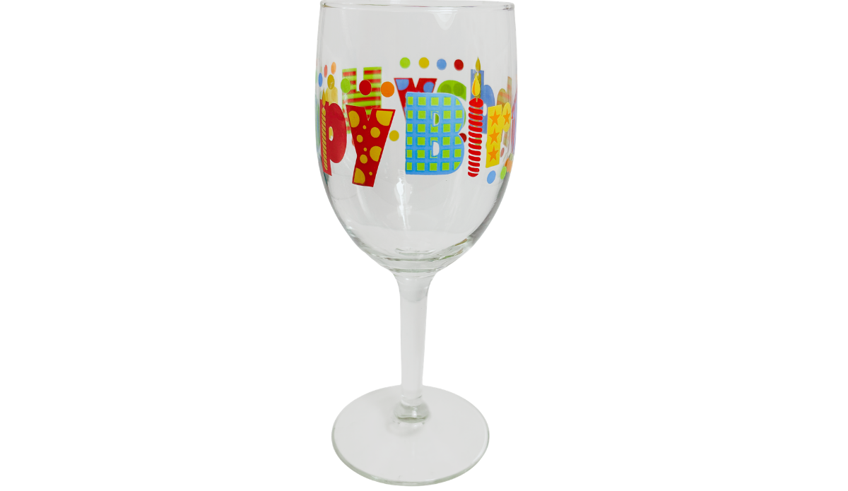 Happy Birthday Colorful Lettering Wine Glass showing the transition between Happy and Birthday lettering with bright candles and colorful dots.