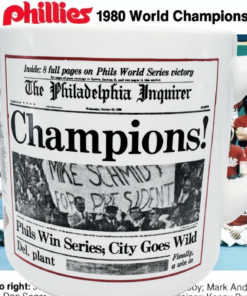 Vintage Phillies World Series Mug displayed against archival 1980 Phillies team photograph with World Champions lettering.