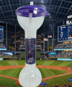 Tampa Bay Rays Yard Cup displayed against baseball stadium scene with Rays fans, field, scoreboards and blue team graphics.