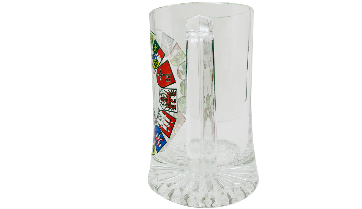 Germany Coat of Arms Mug handle view with clear glass handle and patterned base