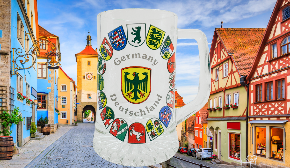 Germany Coat of Arms Mug displayed in colorful German old town travel scene