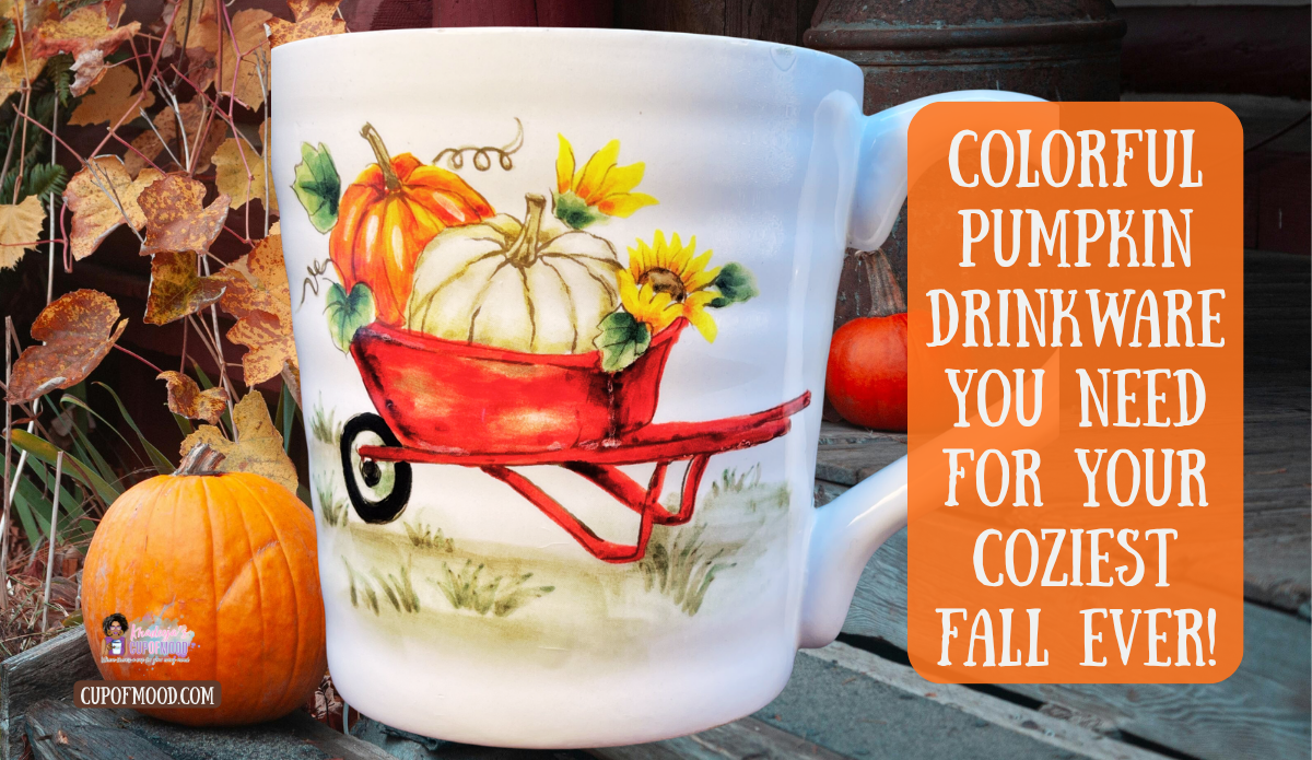 Maxcera pumpkin wheelbarrow mug with pumpkins and sunflower displayed in a colorful autumn harvest scene