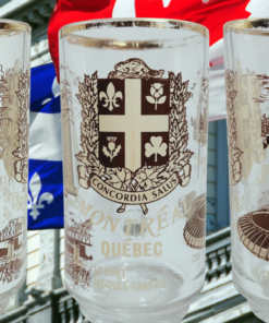 Vintage Montreal Beer Mug lifestyle scene showing three views with Place Ville Marie, Montreal crest, Saint Joseph’s Oratory, and Olympic Stadium