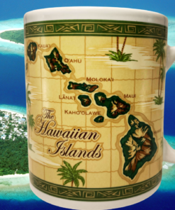 Hawaiian Islands Palm Tree Map Souvenir Mug displayed against bright turquoise tropical island waters, showing island illustrations and green geometric borders.