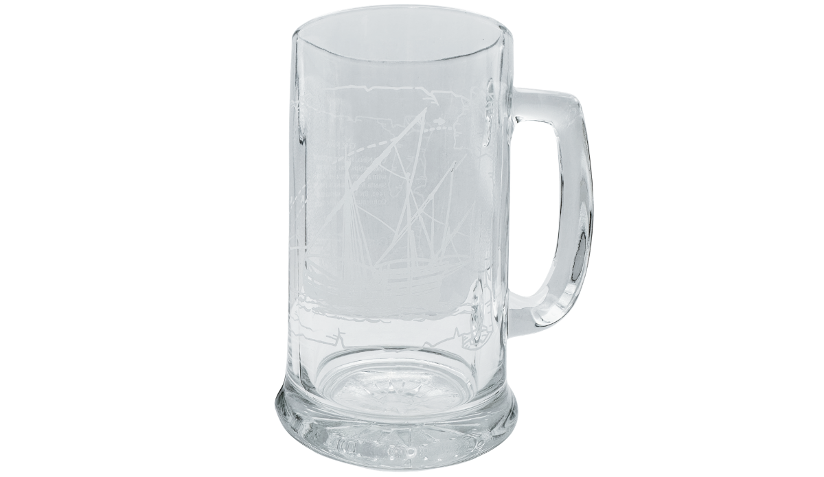Niña Columbus Voyage Beer Mug front view with frosted sailing ship and nautical map design