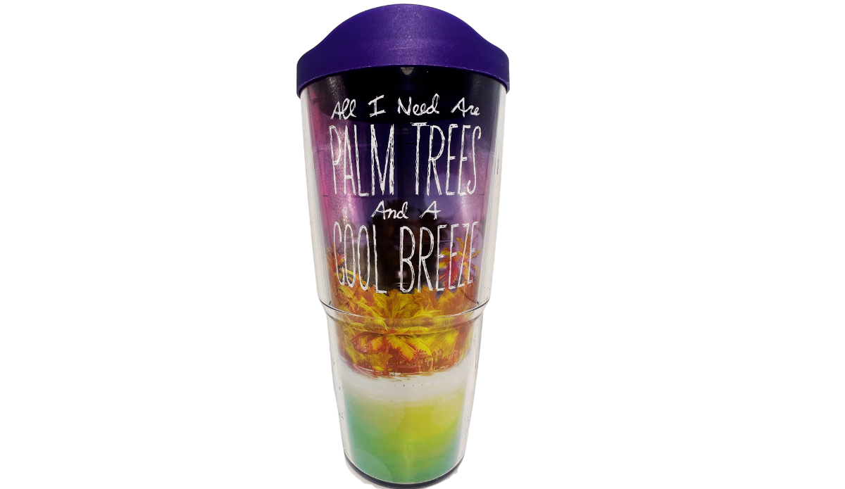 Tervis Palm Trees Cool Breeze Tumbler With Lid front view featuring white beach quote, colorful palm trees, purple sky, and matching purple lid.