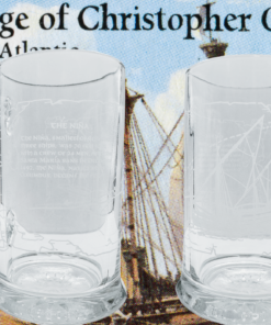 Niña Columbus Voyage Beer Mug shown from two sides against historic voyage imagery