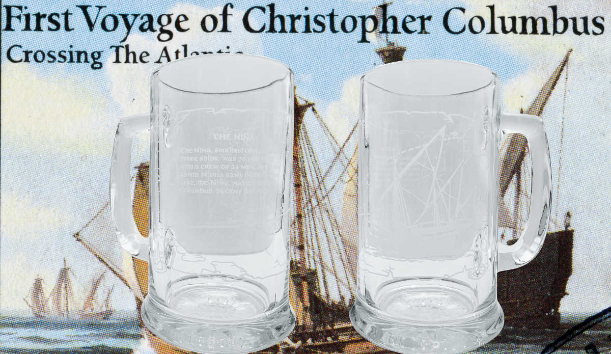 Niña Columbus Voyage Beer Mug shown from two sides against historic voyage imagery