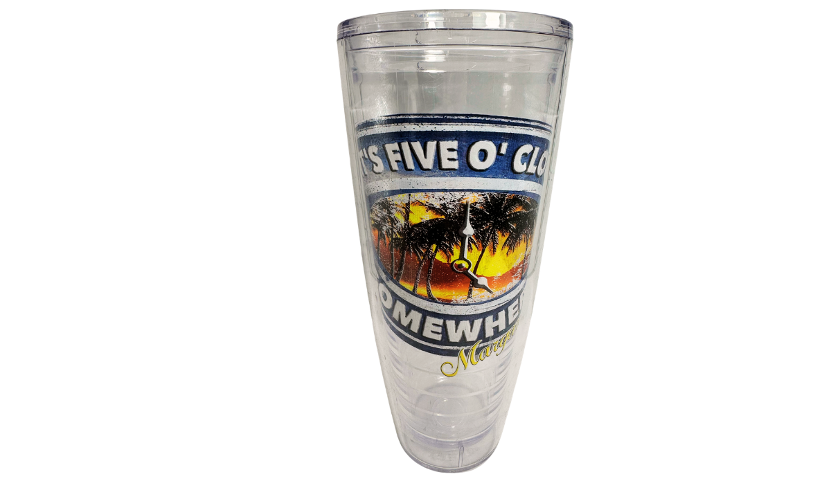 Margaritaville It's Five O'Clock Somewhere Sunset Tumbler front view featuring navy lettering, tropical sunset, black palm trees, and clock illustration.