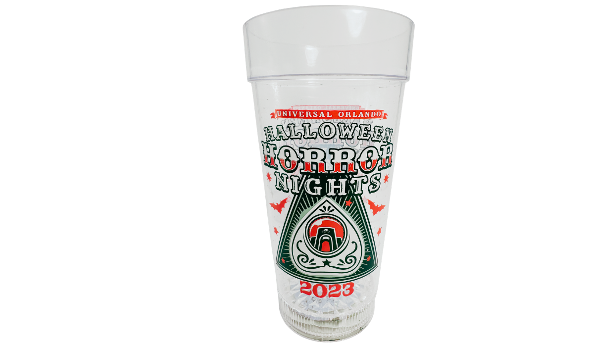 Alternative front view of Halloween Horror Nights 2023 Cup showing Universal Orlando event graphics, bats, stars, and planchette inspired design
