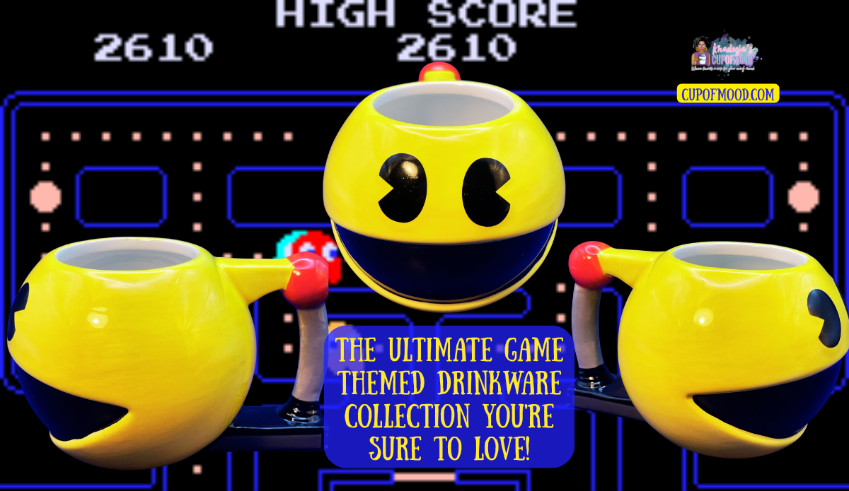 Three yellow Pac-Man novelty mugs displayed against a retro Pac-Man arcade maze with a Game Themed Drinkware headline.