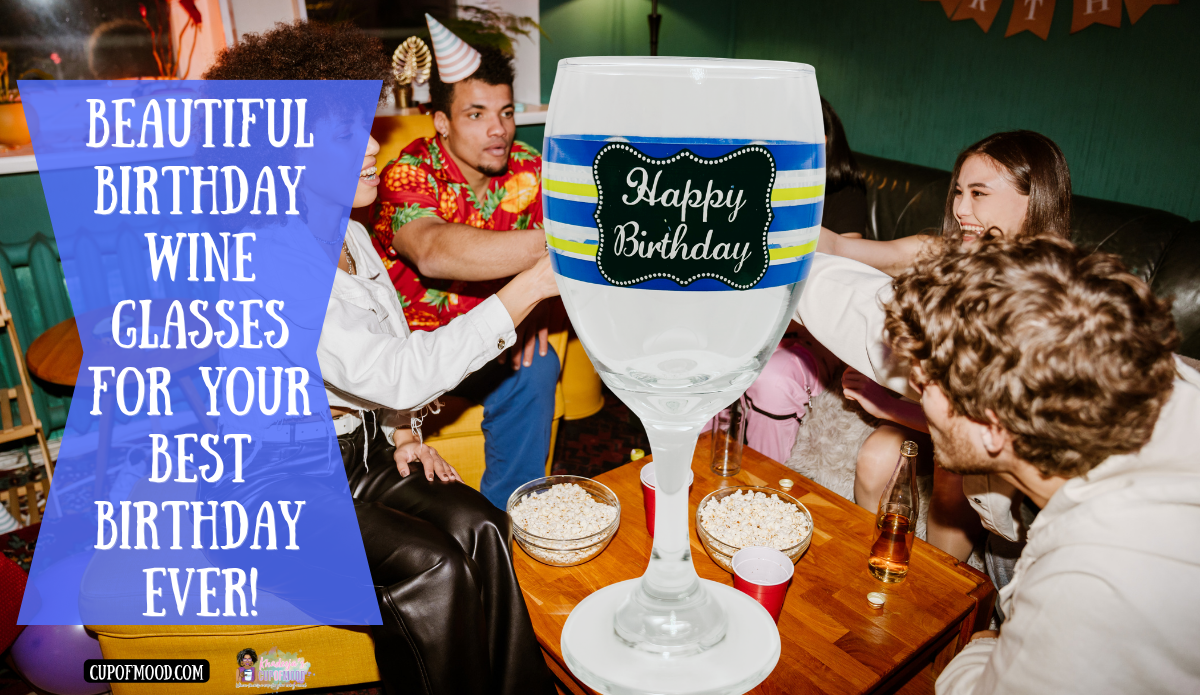 Blue-striped Happy Birthday wine glass displayed in front of friends gathered for a casual birthday party with snacks, drinks, and balloons.
