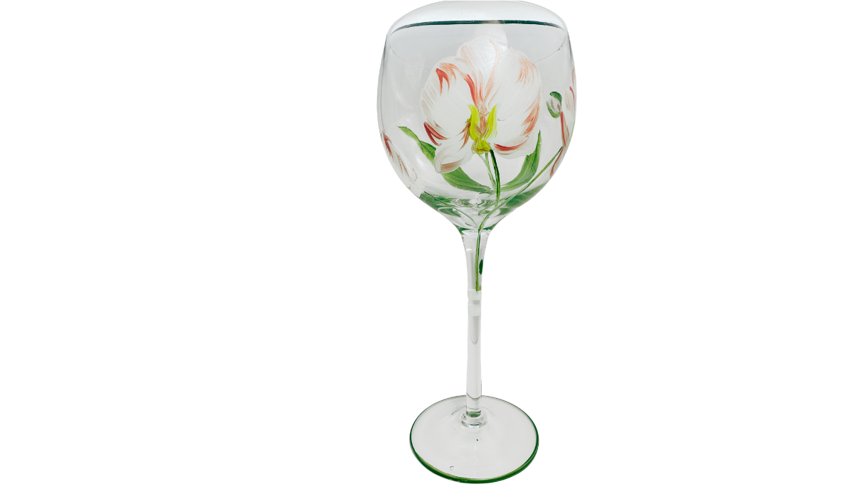 Hand Painted Peach Pink Flower Balloon Wine Glass front view showing large coral-edged flower, green leaves, striped stem, and green-rimmed foot.