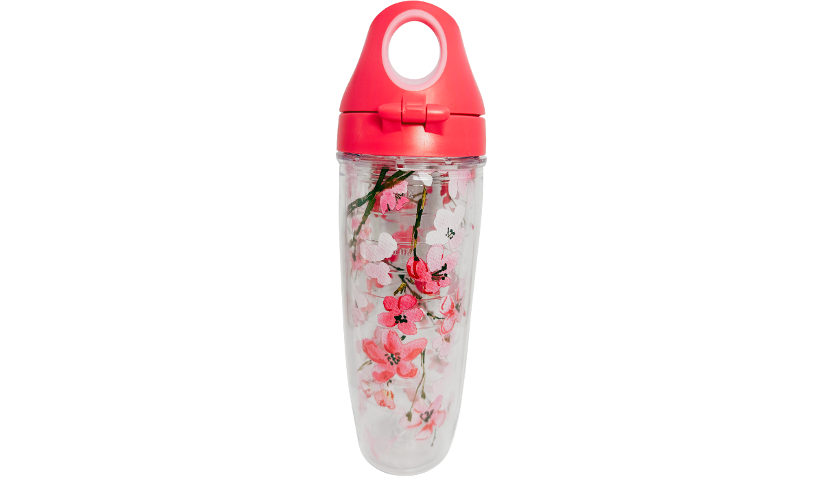Tervis Japanese Cherry Blossom Water Bottle showing the coral-pink lid hinge, circular carrying loop, pale sakura blossoms and pink floral artwork.