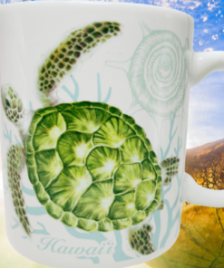 Hawaii Honu Sea Turtle Souvenir Mug displayed against blue underwater scenery with a large swimming sea turtle in the background.