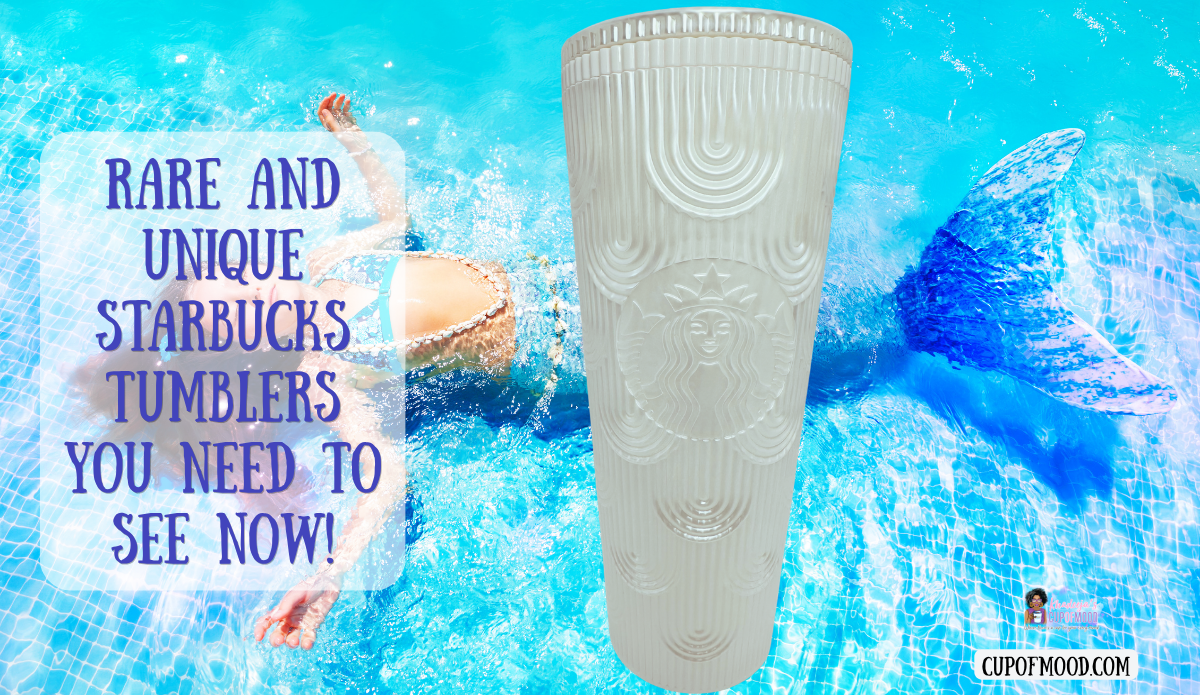 Pearl White Mermaid Scales Starbucks Tumbler displayed in a bright blue swimming pool with mermaid tail