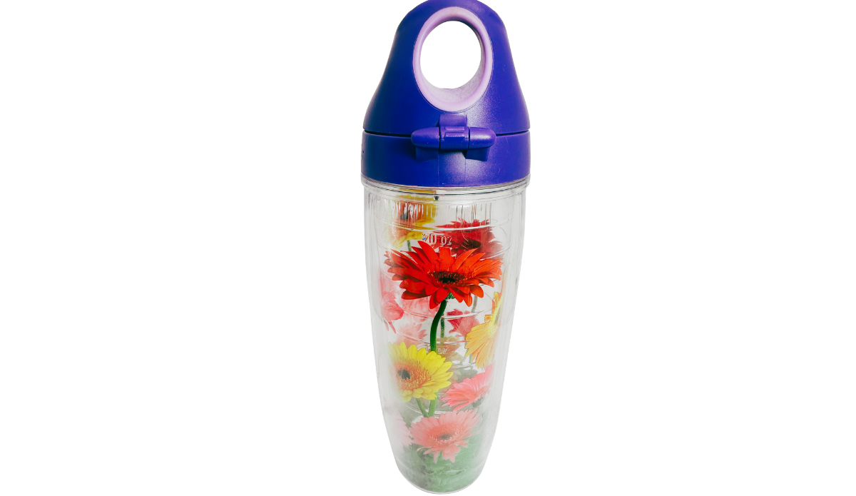 Back view of Tervis Gerbera Daisies Water Bottle With Purple Lid featuring red, yellow, and pink gerbera daisies and a purple flip-top carrying-loop lid.