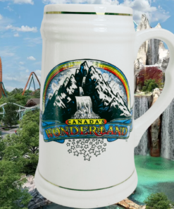 Vintage Canada’s Wonderland Beer Mug lifestyle scene with Wonder Mountain, waterfalls, roller coasters, and amusement park rides